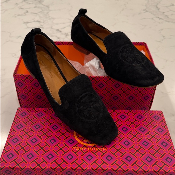 Tory Burch Shoes - Tory Burch Black Suede Embossed Logo Loafers